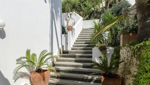 Un escalier menant à un bâtiment blanc, entouré de plantes en pot et de verdure.