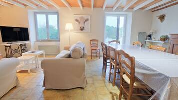 Televisie, een open haard en een tafeltennistafel