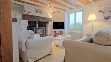 Televisie, een open haard en een tafeltennistafel