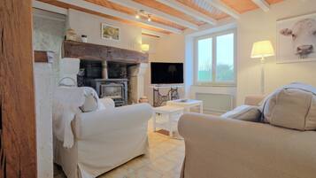 Televisie, een open haard en een tafeltennistafel