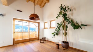 A spacious room with wooden flooring, large windows, a potted plant, and a hanging light fixture.