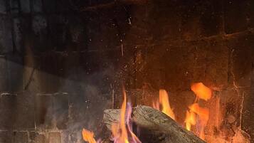 Ein Kaminfeuer mit brennenden Holzscheiten und Flammen.