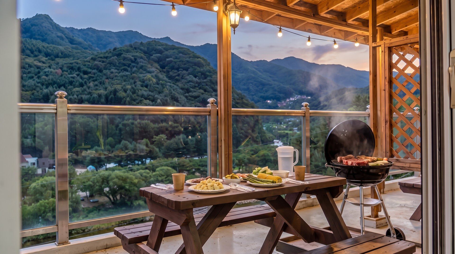 An outdoor dining area with a view of mountains, a grill, and a table set with food.