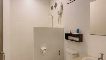 Shower, free toiletries, hair dryer, towels