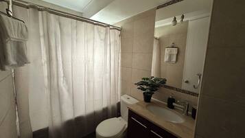 Hair dryer, towels, soap, shampoo