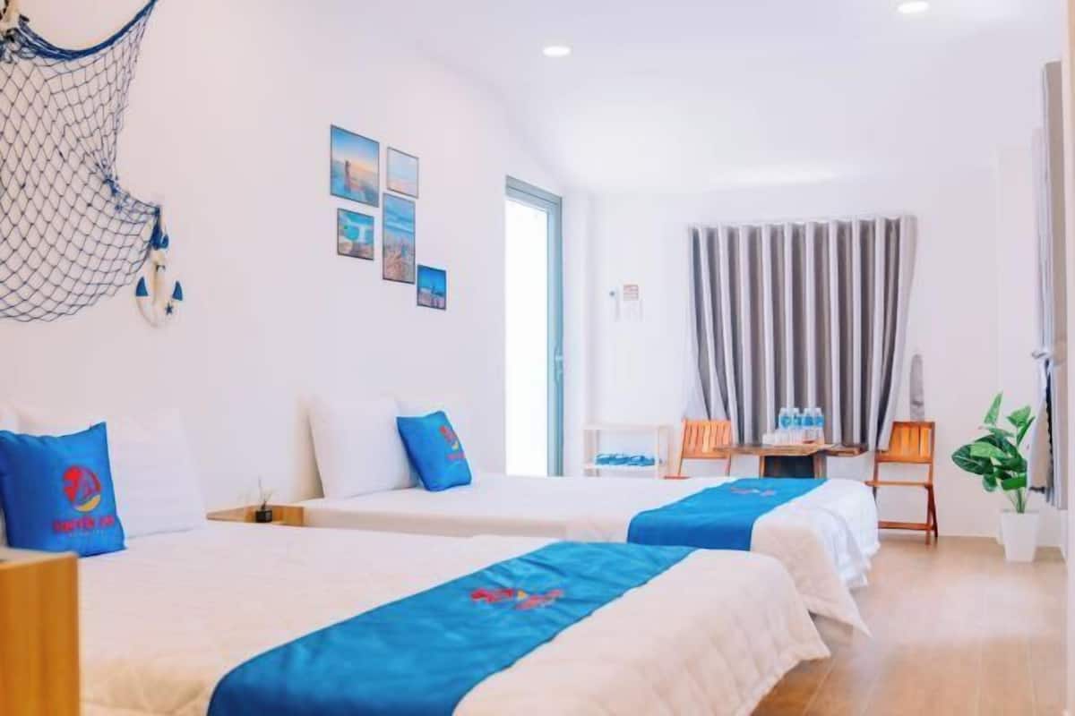 Desk, laptop workspace, blackout drapes, soundproofing