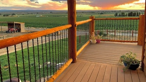 A wooden deck with a metal railing, overlooking a field and a distant horizon. - Montrose Quiet Country Home with a View on 3 Acres! (Montrose)