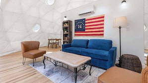 A cozy living room with a blue sofa, a brown armchair, a wooden coffee table, and a rug. An American flag is hanging on the wall.
