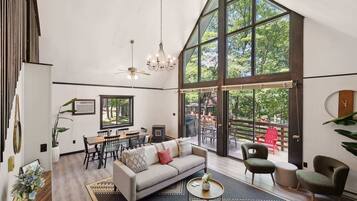 TV, fireplace, books, offices