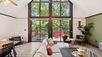 TV, fireplace, books, offices