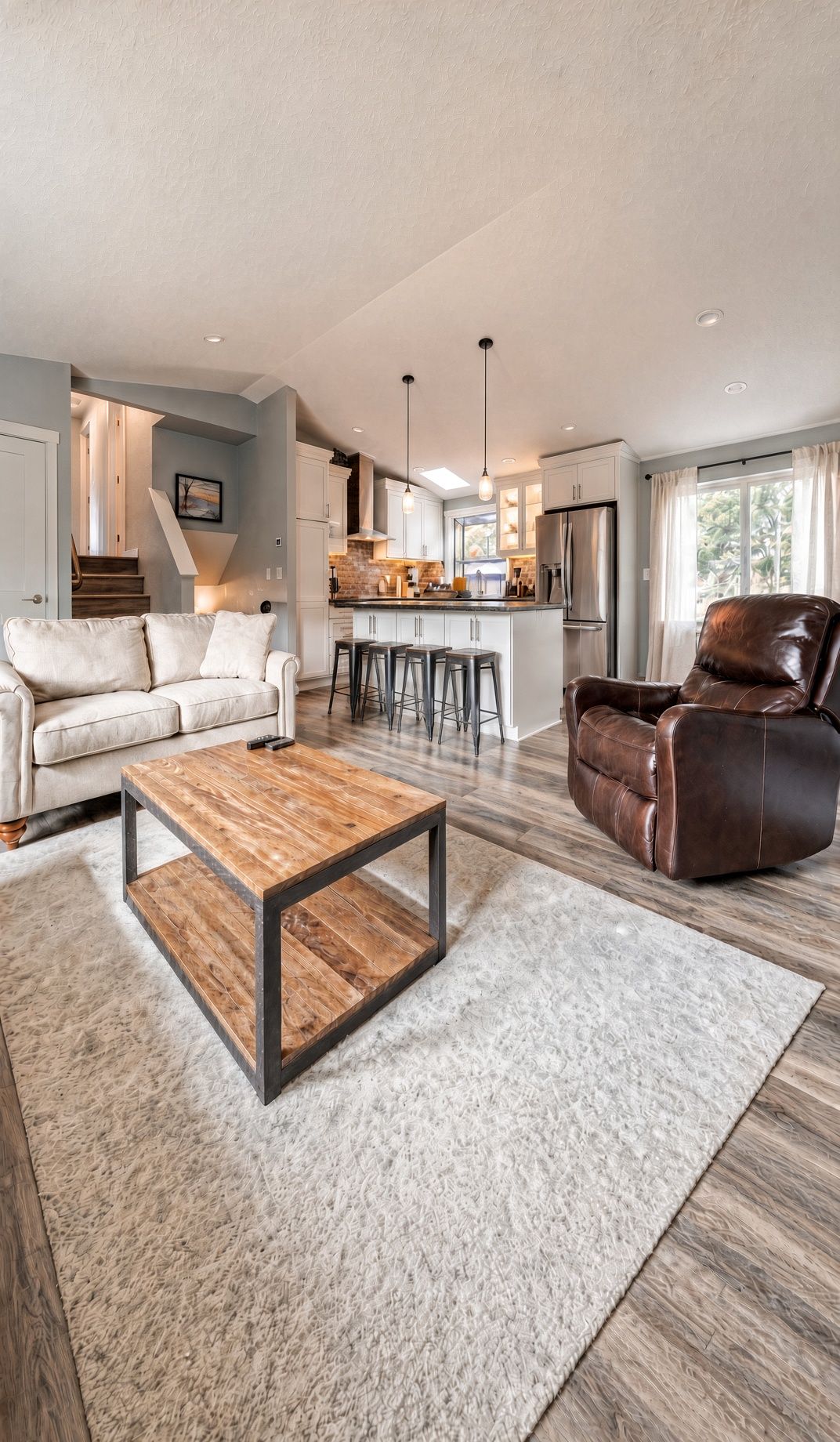 A modern living room with a sofa, coffee table, and leather chair.