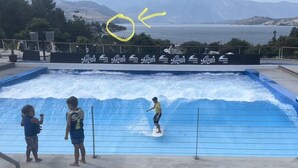 A wave pool with a person surfing, surrounded by a railing and a view of the sea. - Waterfront 2-bed/2bath Suite w/Indoor Pool & Hot Tub (Chelan)