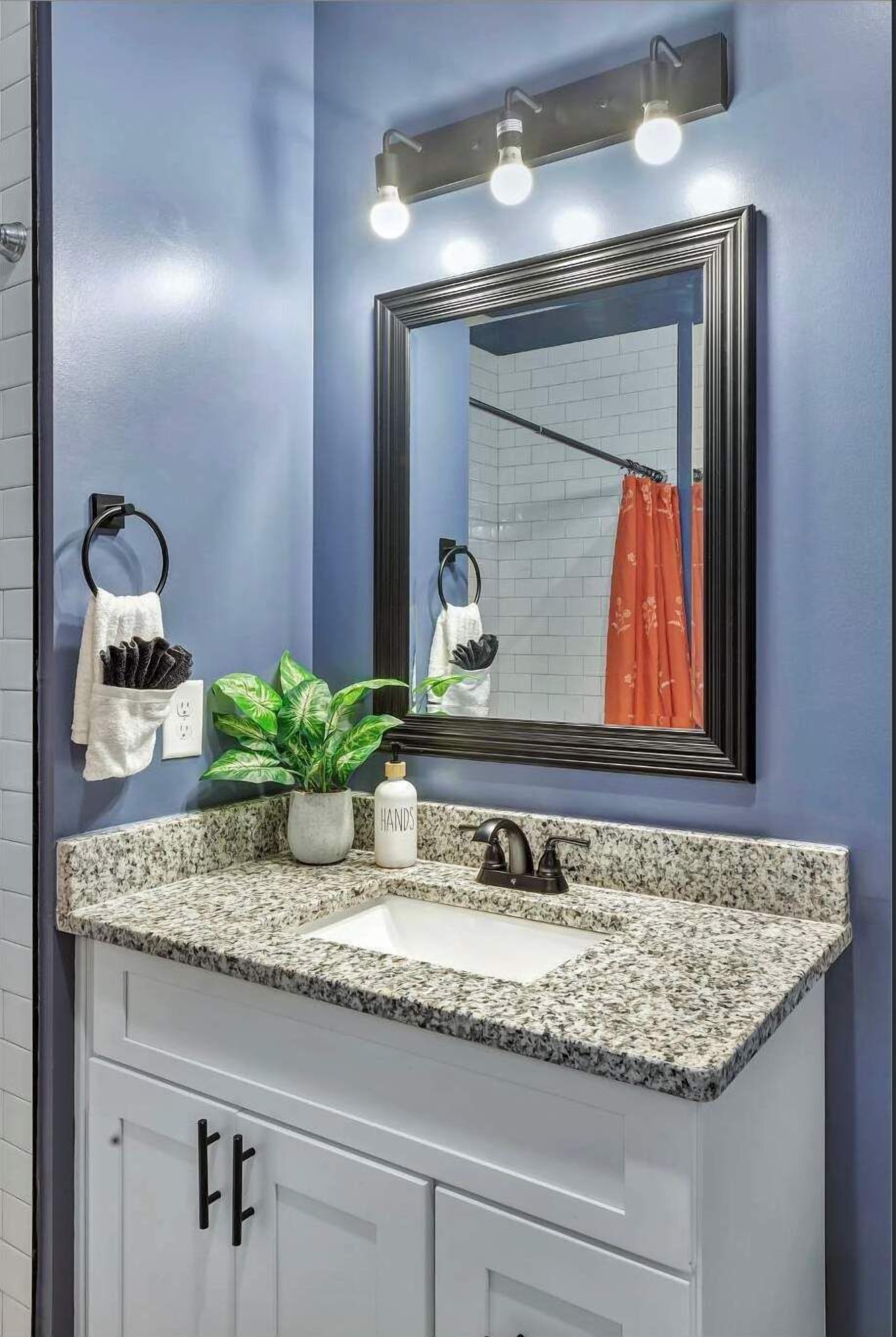Un baño con encimera de granito, un lavabo, un espejo y un toallero con una planta y una botella.