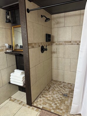 Shower, towels, soap, shampoo
