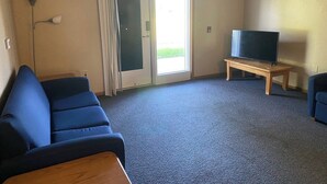 Una sala de estar con un sofá azul, un televisor sobre un mueble de madera y un ventanal corredizo que da a un balcón.