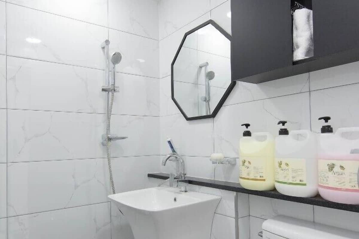 Shower, free toiletries, hair dryer, slippers