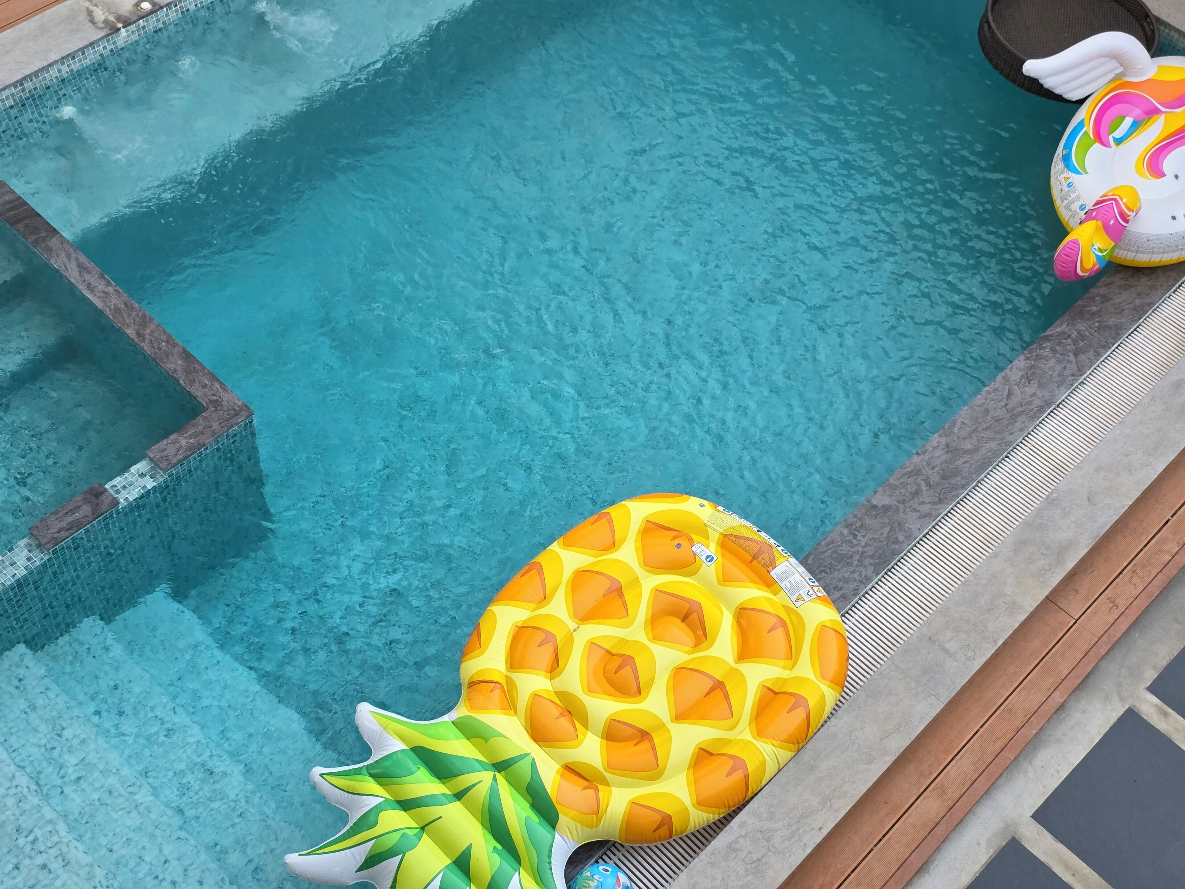 Una piscina con un flotador con forma de piña y un flotador de unicornio.