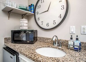 Fridge, microwave, coffee/tea maker, toaster