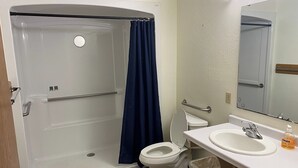 Ein Badezimmer mit bodengleicher Dusche, Toilette und Waschbecken.