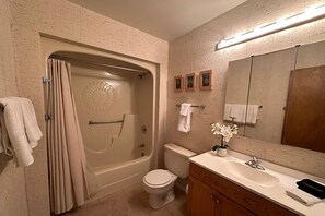 Hair dryer, towels, shampoo