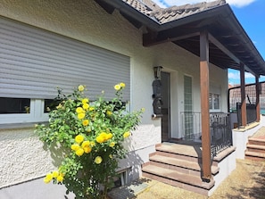 Une maison avec un porche couvert, un petit escalier et une plante à fleurs jaunes devant.