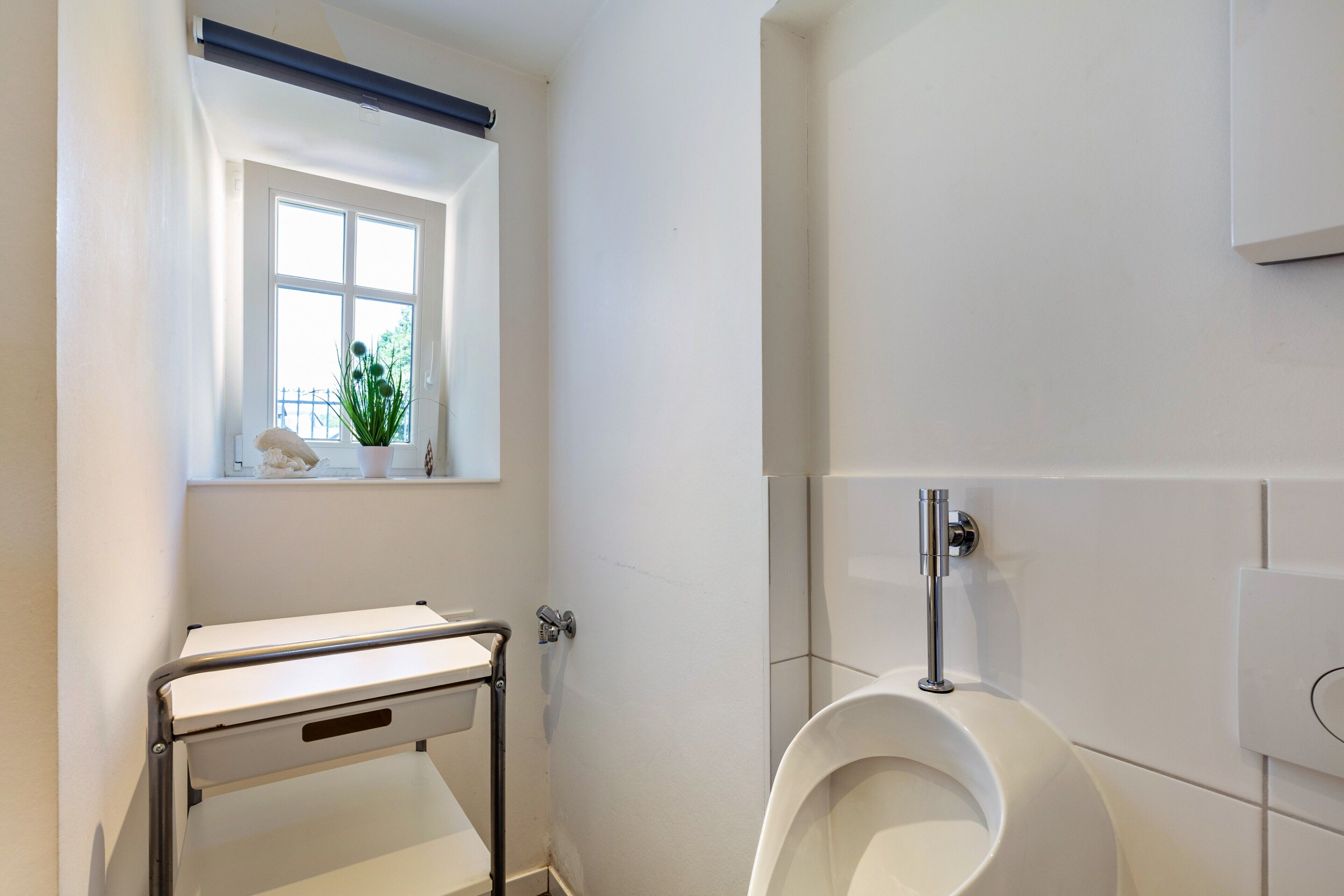 Ein Badezimmer mit Urinal, einem Fenster mit Pflanze und einem weißen Waschbecken.