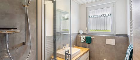 Shower, hair dryer, towels