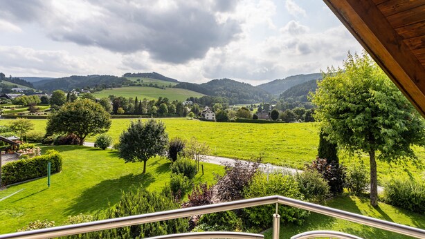 A view from a balcony overlooking a lush green landscape with hills in the distance.