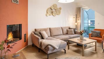 Een televisie, een open haard, videogames en een dvd-speler