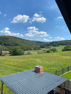 Une vue d’un champ verdoyant avec une structure de toit en métal et une cheminée en briques.