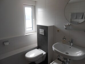 Shower, hair dryer, soap, toilet paper