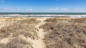 Un sendero bordeando la playa que lleva al océano, con cielo despejado.