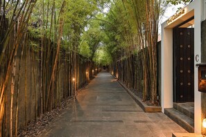 A pathway flanked by tall bamboo plants leading to a building with a black door and a sign that reads 'The Cranes.' - The Cabana Villa (Seminyak)