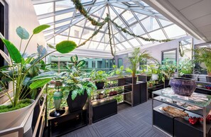 A spacious atrium with a glass ceiling, large potted plants, and a central display table. - Fashion City Hotel (Budapest)