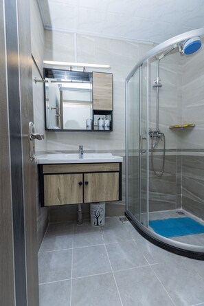 Shower, towels, soap, toilet paper