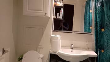 Regadera, tina de hidromasaje, secadora de cabello, toallas