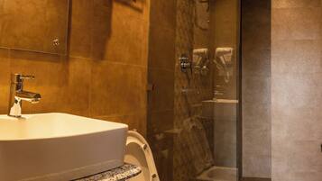 Shower, rainfall showerhead, hair dryer, slippers