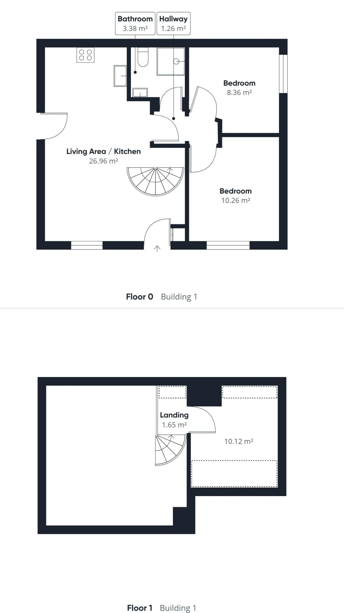 Two floor plans of Building 1, with the top plan detailing a living area/kitchen, two bedrooms, a bathroom, and a hallway totaling 26.96 m², 8.36 m², 3.38 m², 1.26 m², and 10.26 m² respectively. The bottom plan shows a landing area of 1.65 m² and a larger room of 10.12 m².
