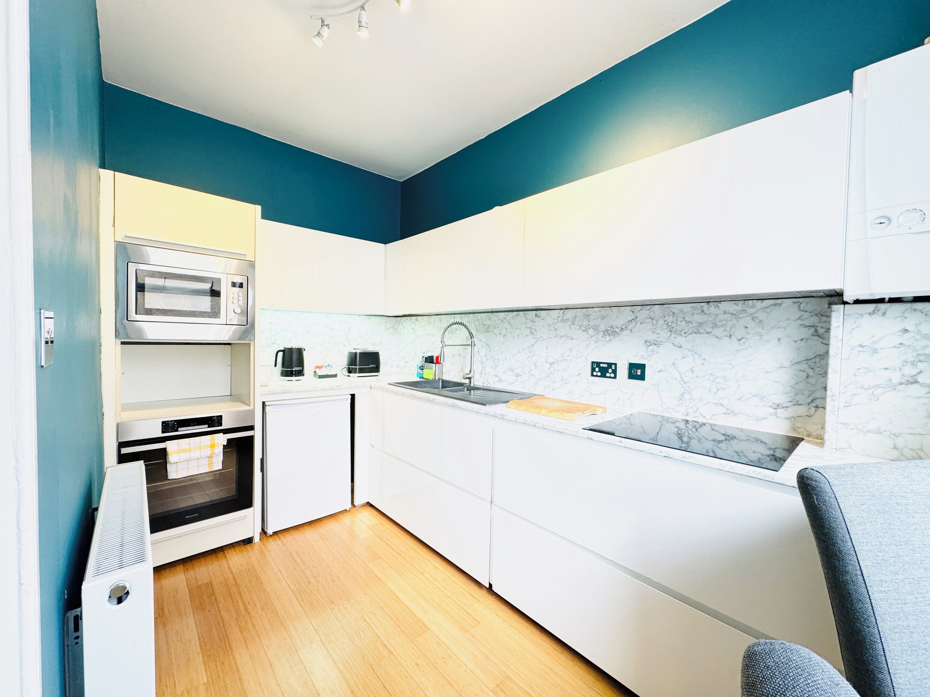 Fridge, microwave, oven, electric kettle