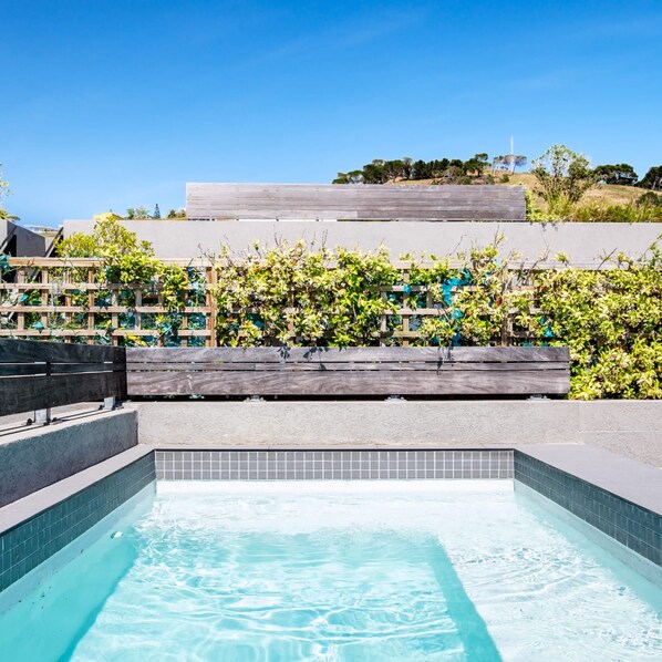 A swimming pool with a tiled edge, surrounded by a wooden deck and a wall with climbing plants. - Deluxe Urban Retreat Summit on Quarter (Cape Town)