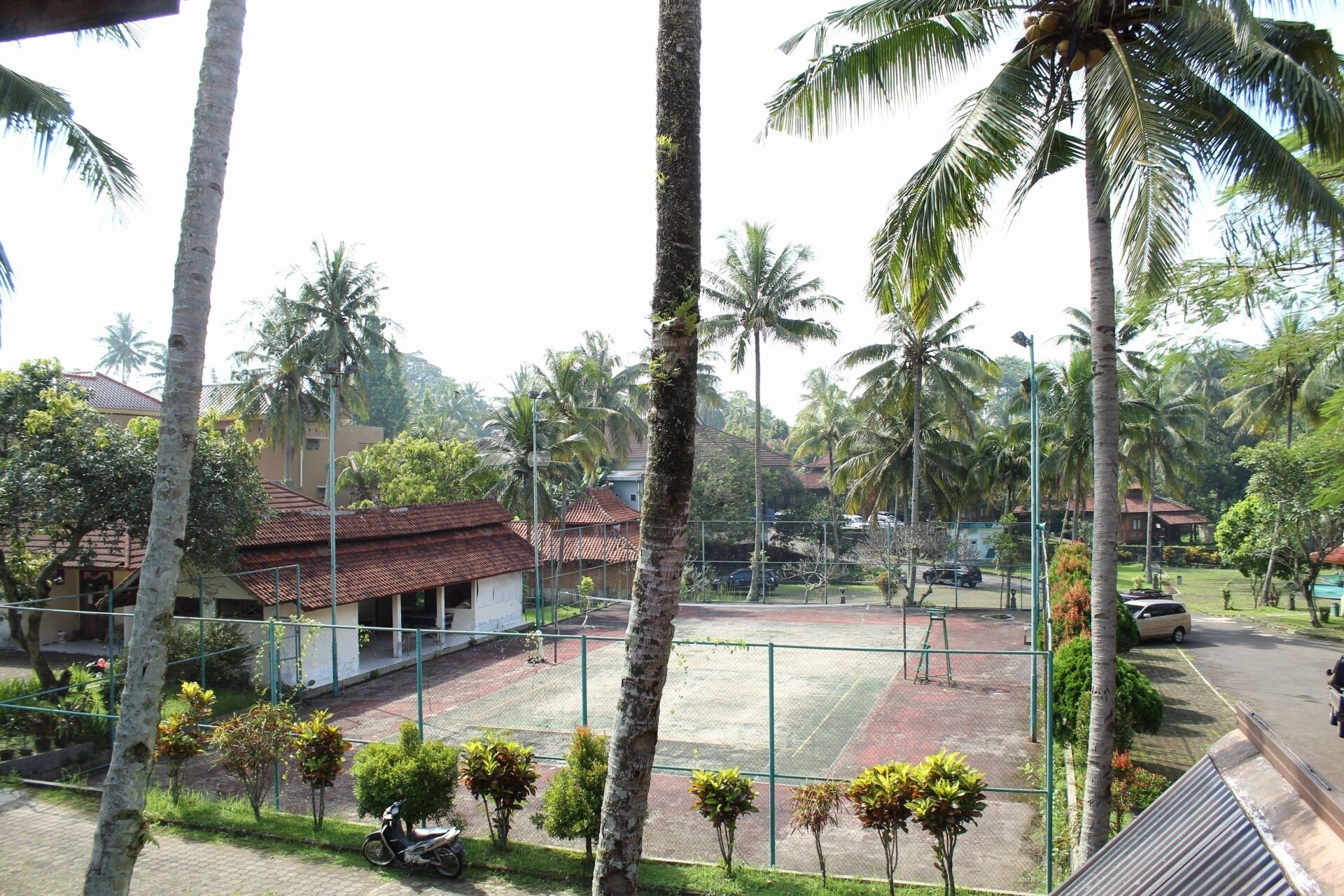 A residential area with a tennis court, palm trees, and houses with red-tiled roofs.