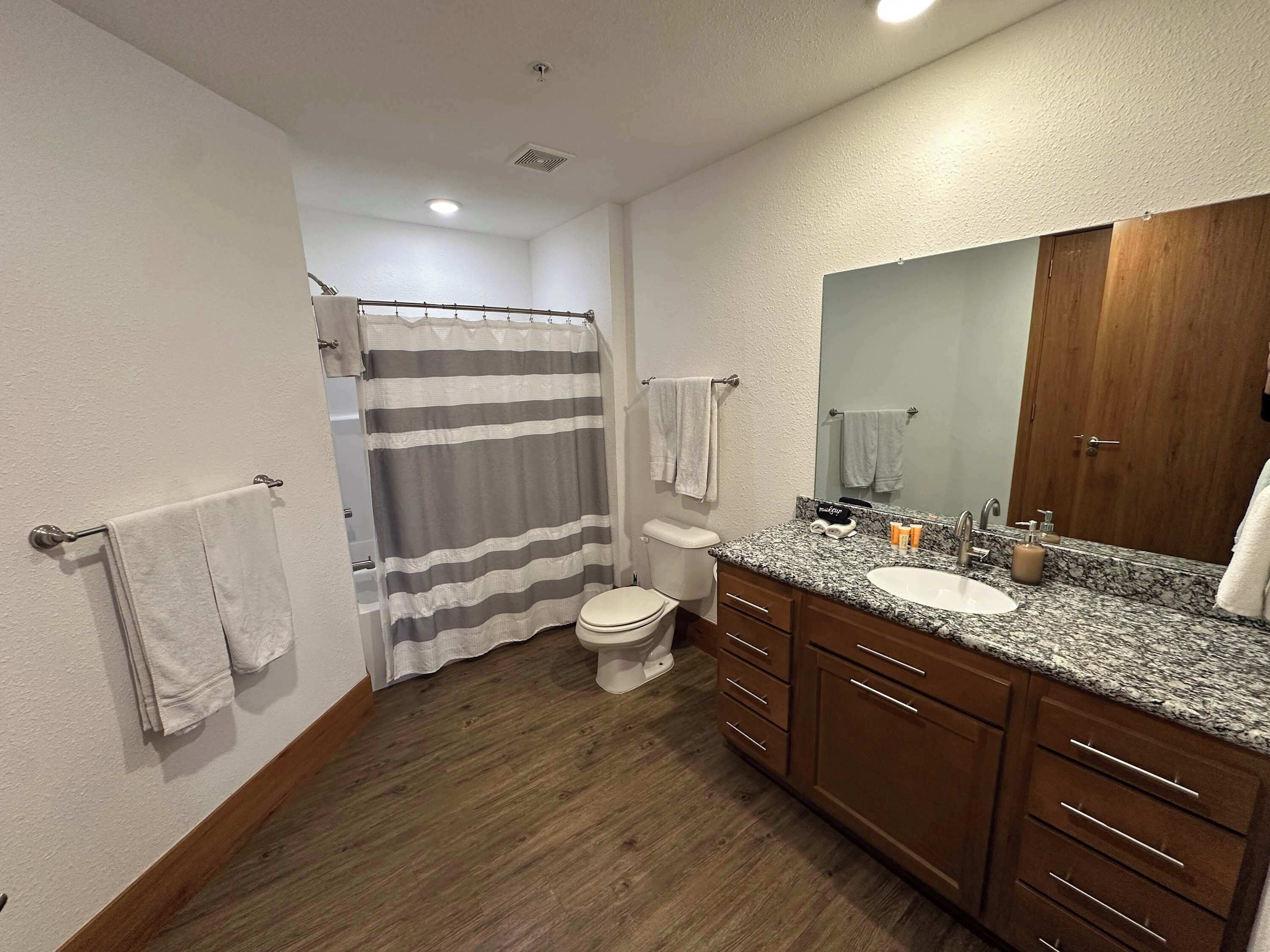 Shower, hair dryer, towels, toilet paper