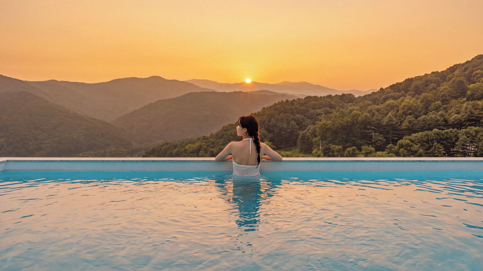 A person in a swimming pool with a sunset view over a mountainous landscape.