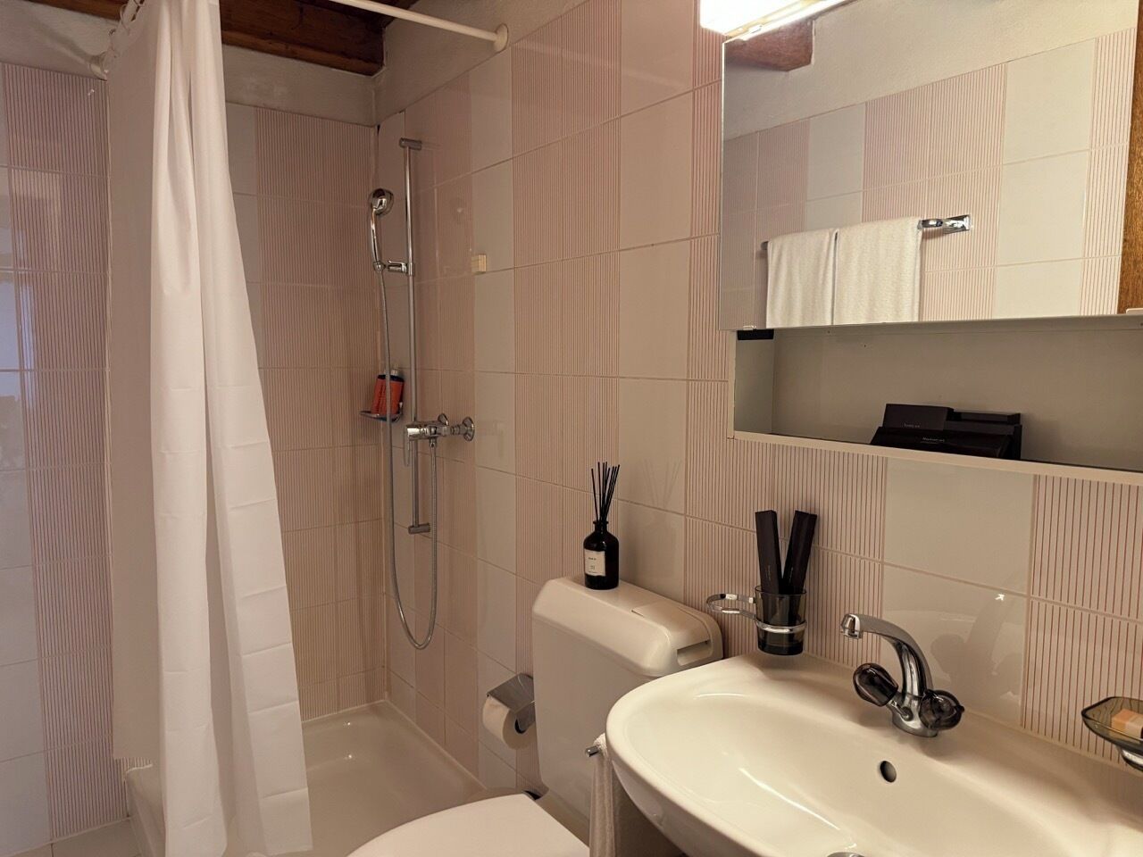 A bathroom with a shower, toilet, sink, and a mirror above the sink.