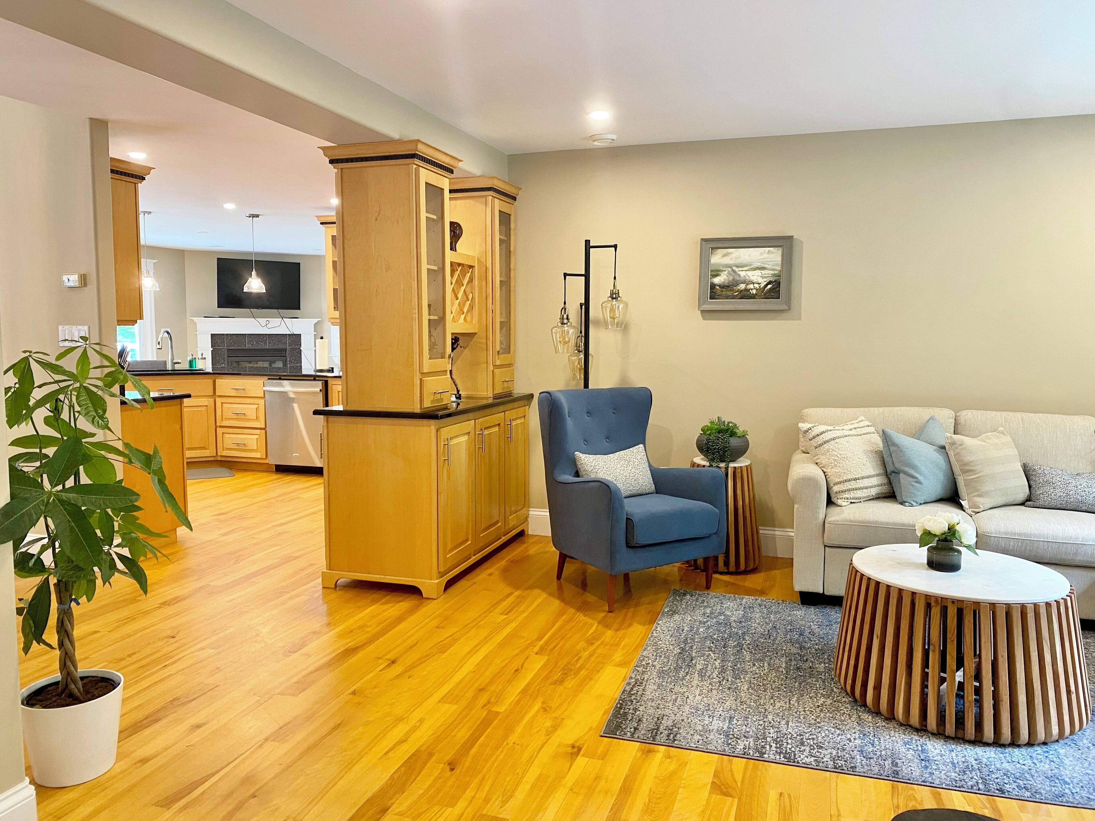 Un salon moderne avec un fauteuil bleu, un canapé blanc, un meuble en bois et une plante en pot.