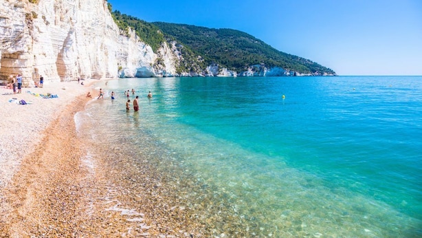 Una playa con agua cristalina, costa rocosa y un acantilado con vegetación.