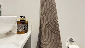 A bathroom with a white sink, two toiletry bottles, a towel, and a toilet paper holder. - The Oasis 92 on New Midrand (Johannesburg)