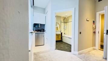 Hair dryer, towels, soap, shampoo