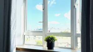 A window with a view of a cityscape, a potted plant on the windowsill, and a radiator below. - Skyline View Apartment (Edinburgh)