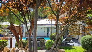 A pool area with a house in the background, surrounded by trees and rocks.